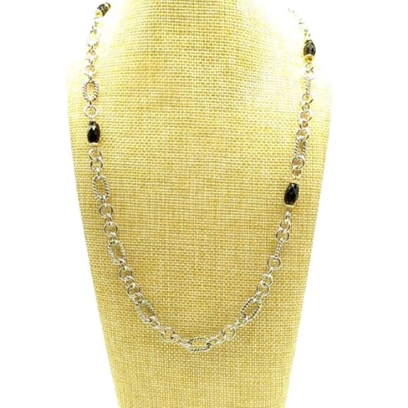 Black Acrylic Faceted Beaded Silver-tone Figaro Chain Necklace - Picture 7 of 15